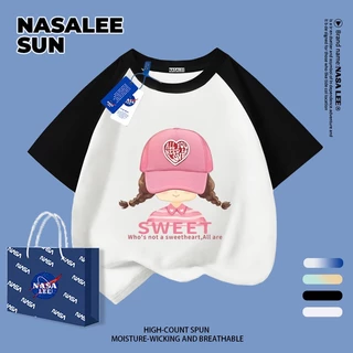 【ส่งจากกรุงเทพฯ】เสื้อยืดผ้าฝ้ายสำหรับเด็ก NASA สีขาว พิมพ์ลายเกิร์ลลี่สุดชิค 3-16 ปี เด็กผู้หญิง เปิดเทอมฤดูร้อน ทรงหลวม แขนสั้น