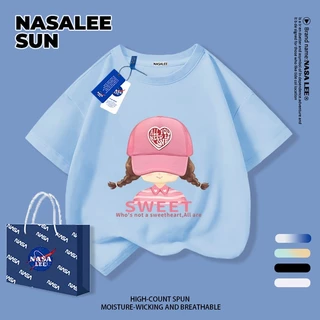 【ส่งจากกรุงเทพฯ】เสื้อยืดผ้าฝ้ายสำหรับเด็ก NASA สีขาว พิมพ์ลายเกิร์ลลี่สุดชิค 3-16 ปี เด็กผู้หญิง เปิดเทอมฤดูร้อน ทรงหลวม แขนสั้น