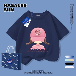 【ส่งจากกรุงเทพฯ】เสื้อยืดผ้าฝ้ายสำหรับเด็ก NASA สีขาว พิมพ์ลายเกิร์ลลี่สุดชิค 3-16 ปี เด็กผู้หญิง เปิดเทอมฤดูร้อน ทรงหลวม แขนสั้น