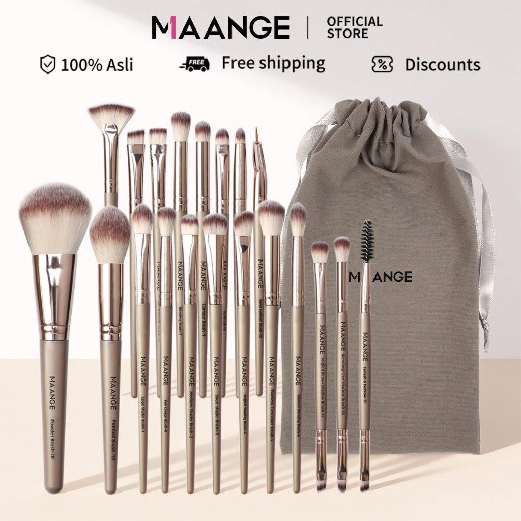 MAANGE ชุดแปรงแต่งหน้า 20 ชิ้น พร้อมกล่อง แปรงคุณภาพสูงสำหรับรองพื้น แก้ม และหน้า 5748