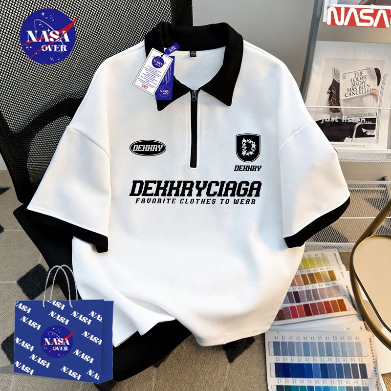 【จัดส่งจากกรุงเทพฯ】🔥NASA เสื้อโปโลแขนสั้นสีขาว oversize ลายตัวอักษร ดีไซน์ครึ่งซิป สไตล์เรียบง่าย ยู