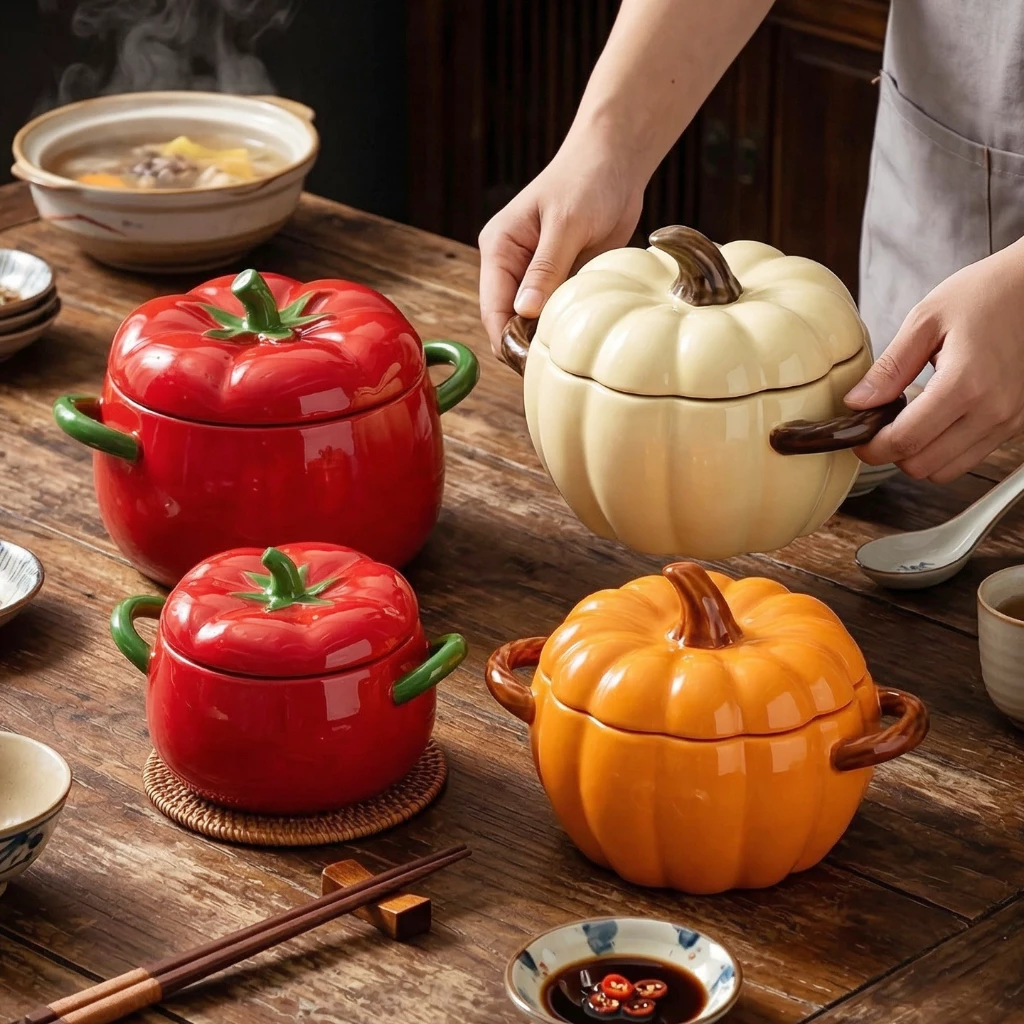 HongDian ชามหม้อเซรามิก ceramic porcelain bowl pot เคลือบใต้เคลือบดีไซน์ผักจำลอง มีฝาปิดหูคู่ แข็งแรงทนความร้อน วัสดุคุณภาพสูง ปลอดภัยต่ออาหาร ไม่เป็นพิษ สีไม่ซีดจาง ใช้กับ microwave oven ได้ ใช้กับเตาอบได้ ล้างใน dishwasher ได้ ใช้กับตู้ฆ่าเชื้อ