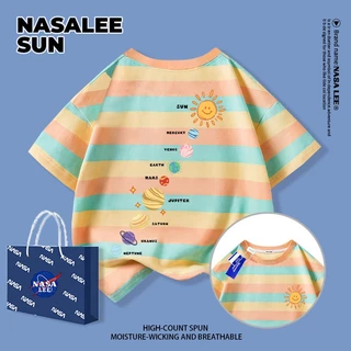 【ส่งจากกรุงเทพฯ】เสื้อยืดผ้าฝ้ายสำหรับเด็ก NASA สีฟ้าอ่อน พิมพ์ลายดาวและอวกาศ 3-16 ปี เด็กผู้ชายและเด็กผู้หญิง เปิดเทอมฤดูร้อน ทรงหลวม แขนสั้น