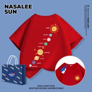 【ส่งจากกรุงเทพฯ】เสื้อยืดผ้าฝ้ายสำหรับเด็ก NASA สีฟ้าอ่อน พิมพ์ลายดาวและอวกาศ 3-16 ปี เด็กผู้ชายและเด็กผู้หญิง เปิดเทอมฤดูร้อน ทรงหลวม แขนสั้น