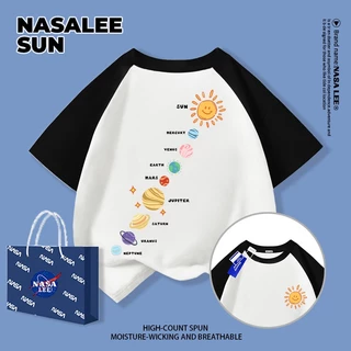 【ส่งจากกรุงเทพฯ】เสื้อยืดผ้าฝ้ายสำหรับเด็ก NASA สีฟ้าอ่อน พิมพ์ลายดาวและอวกาศ 3-16 ปี เด็กผู้ชายและเด็กผู้หญิง เปิดเทอมฤดูร้อน ทรงหลวม แขนสั้น