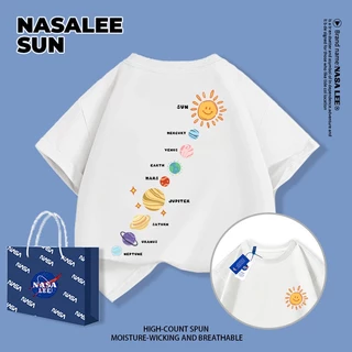 【ส่งจากกรุงเทพฯ】เสื้อยืดผ้าฝ้ายสำหรับเด็ก NASA สีฟ้าอ่อน พิมพ์ลายดาวและอวกาศ 3-16 ปี เด็กผู้ชายและเด็กผู้หญิง เปิดเทอมฤดูร้อน ทรงหลวม แขนสั้น