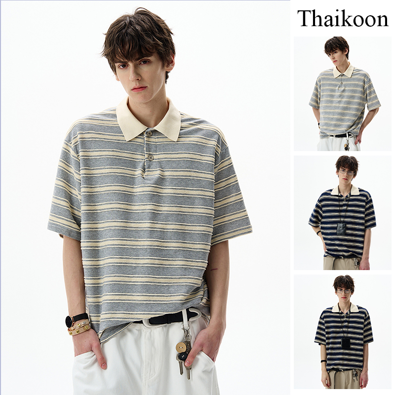 เสื้อโปโลลายทางบล็อกสีอเมริกัน สไตล์ย้อนยุค ใส่ได้ทั้งชายและหญิง สำหรับใส่ลำลอง