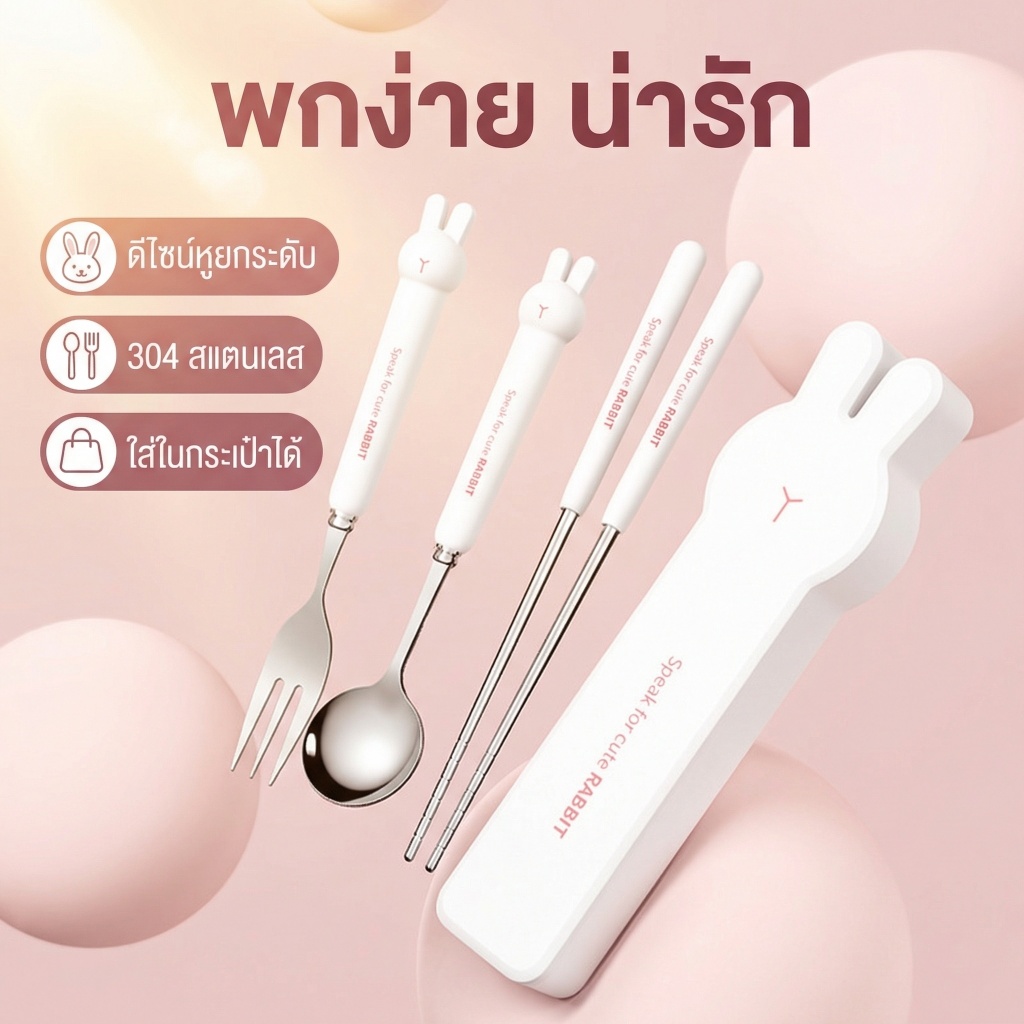 ช้อนตะเกียบการ์ตูนน่ารัก 304 สแตนเลสเด็กนักเรียนมูลค่าสูงไปโรงเรียนออกชุดบนโต๊ะอาหารแบบพกพา