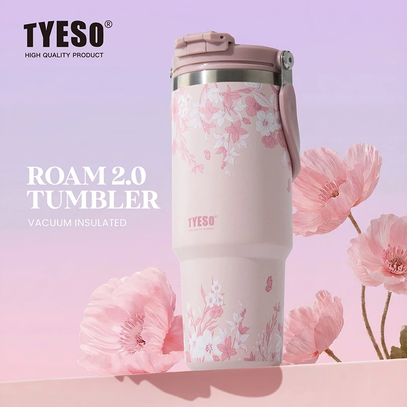 TYESO รุ่นใหม่ 2026 แก้วเก็บความเย็นลายดอกไม้ 900ML แก้วเก็บอุณหภูมิสแตนเลส พร้อมหลอด เก็บเย็น 24H ร้อน 12H thumbnail 3