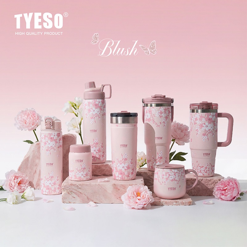 TYESO รุ่นใหม่ 2026 แก้วเก็บความเย็นลายดอกไม้ 900ML แก้วเก็บอุณหภูมิสแตนเลส พร้อมหลอด เก็บเย็น 24H ร้อน 12H