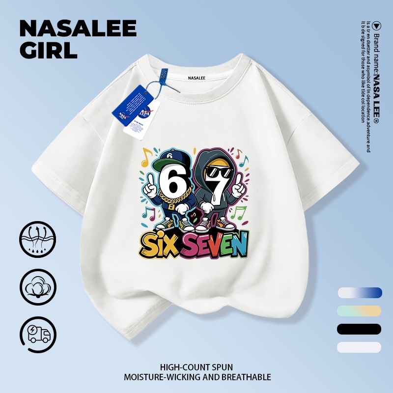 【จัดส่งจากกรุงเทพฯ】เสื้อแขนสั้นผ้าฝ้ายสีขาว NASA ลาย Sixseven สไตล์อเมริกัน เหมาะสำหรับเด็กอายุ 3-16 ปี ทั้งชายและหญิง ใส่ไปโรงเรียนเทอมใหม่ได้สบาย ทรงหลวม ดีไซน์เก๋ไก๋
