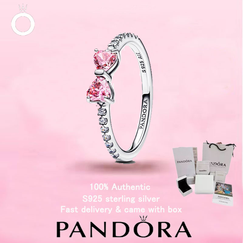 Pandora แหวนโบว์สีชมพูกะทัดรัศมี สเตอร์ลิงซิลเวอร์ S925 เหมาะสำหรับเป็นของขวัญวันวาเลนไทน์