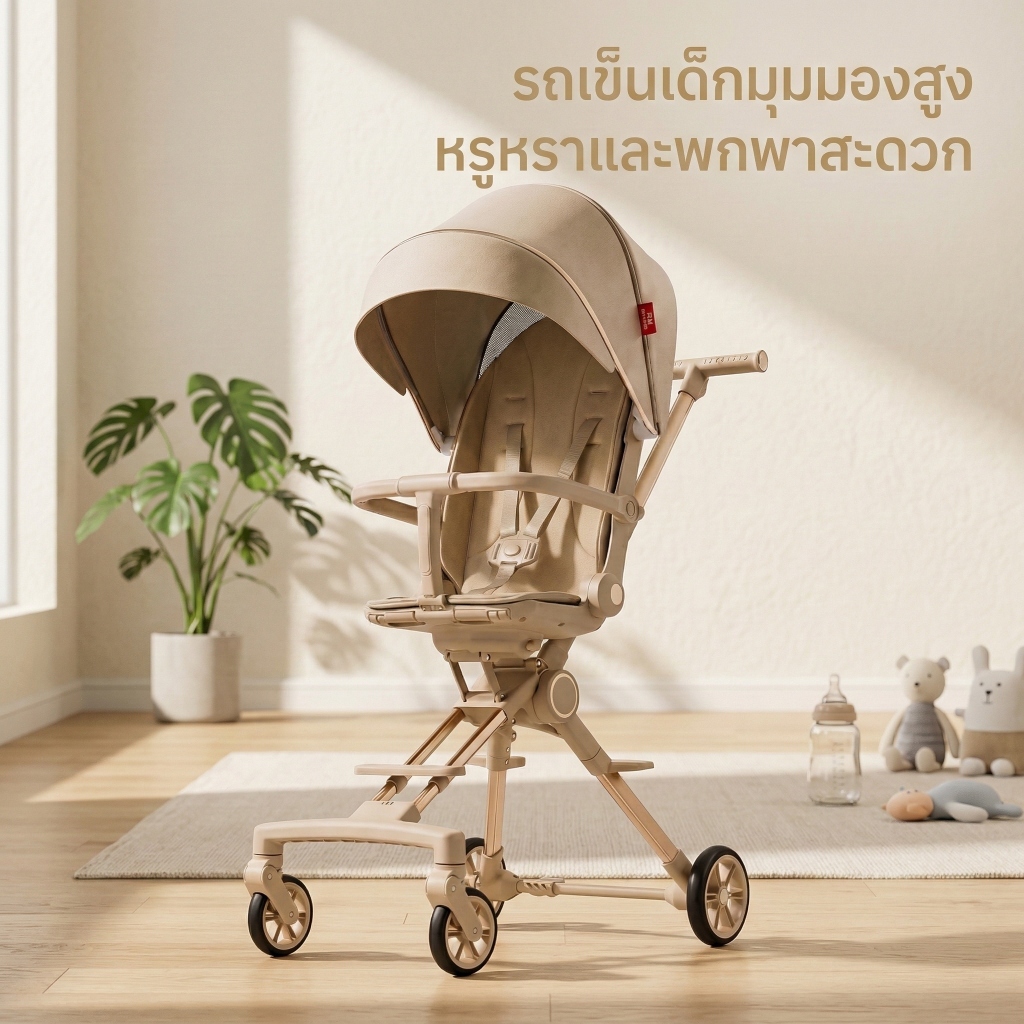 Beige รถเข็นเด็ก รถเข็นเด็กพับได้ 0-5 ปี รถเข็นเด็กพกพา รูปที่ 2