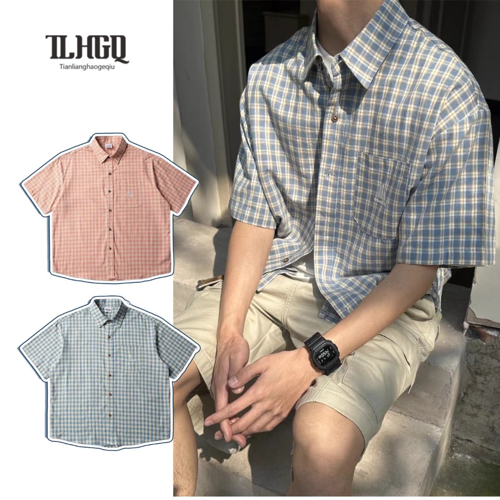 TLHGQ เสื้อเชิ้ตแขนสั้น ผ้าฝ้ายลายสก๊อตปัก สไตล์ summer chic