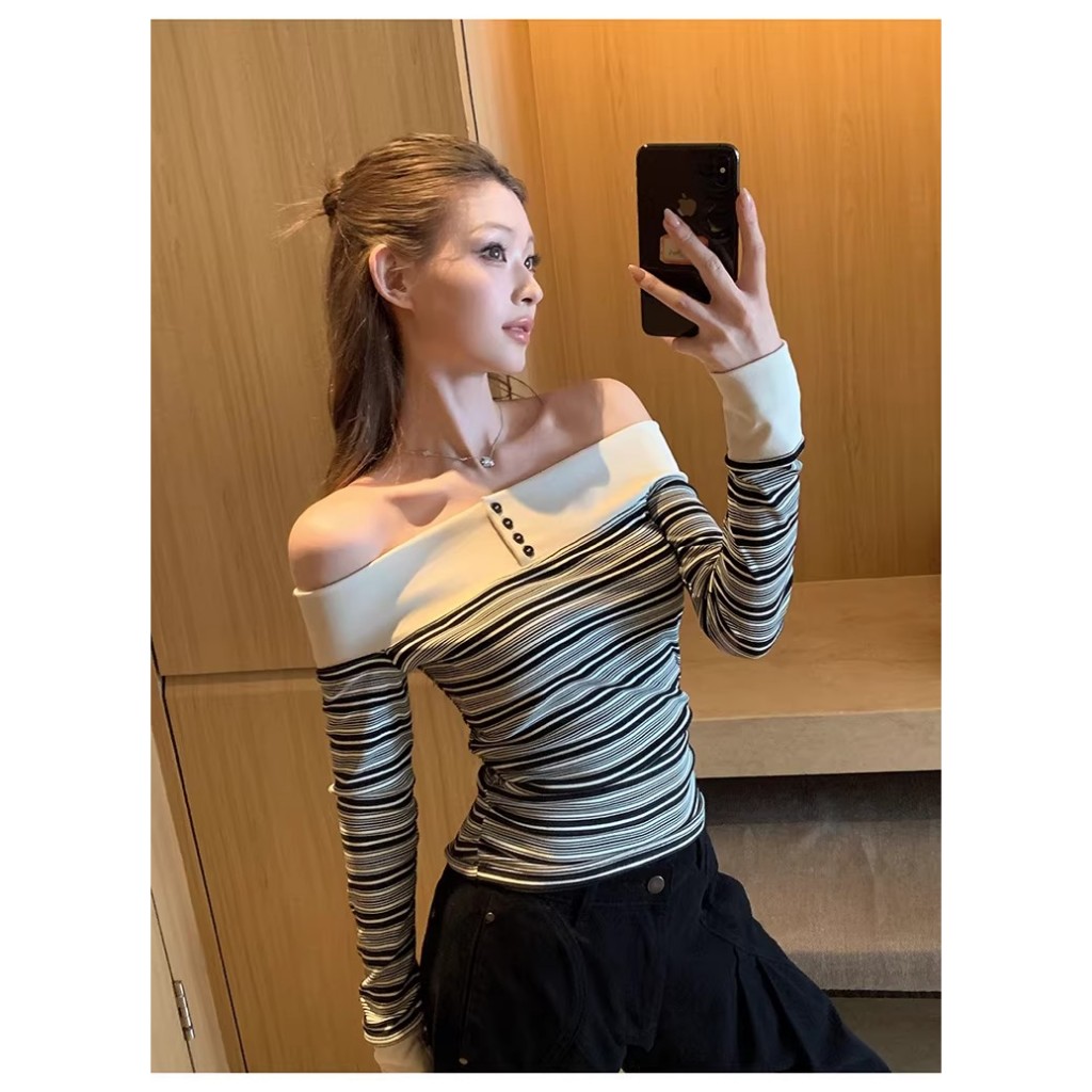 เสื้อยืดโคโคโนมิแขนยาวสำหรับผู้หญิงแบบแบนค ไม่มีสายหนัง ดีไซน์สีสดใสและลายถักด้านบนสวยงาม