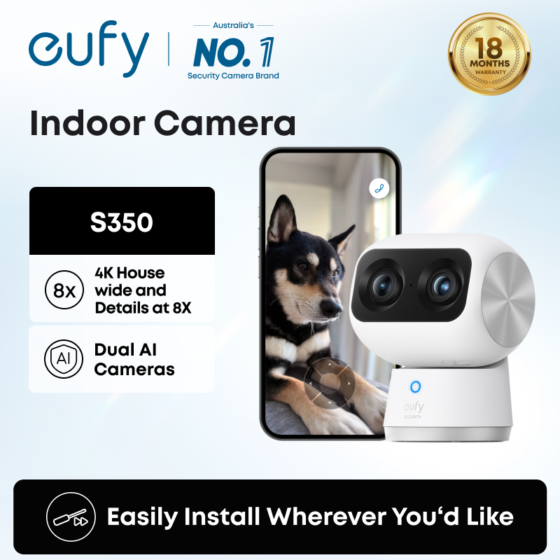 ANKER eufy Security Indoor Cam S350, กล้องคู่, กล้องรักษาความปลอดภัย 4K UHD พร้อมซูม 8, 360° กล้อง, 