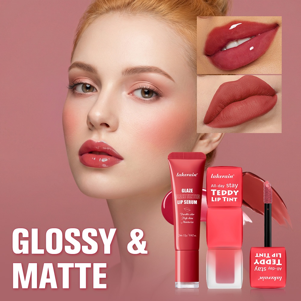 Lakerain 2 ชิ้น / เซ็ต Lip Tint - Tinted Lip Serum และ Teddy Lip Tint, Glossy & Matte Combo, กันน้ํา