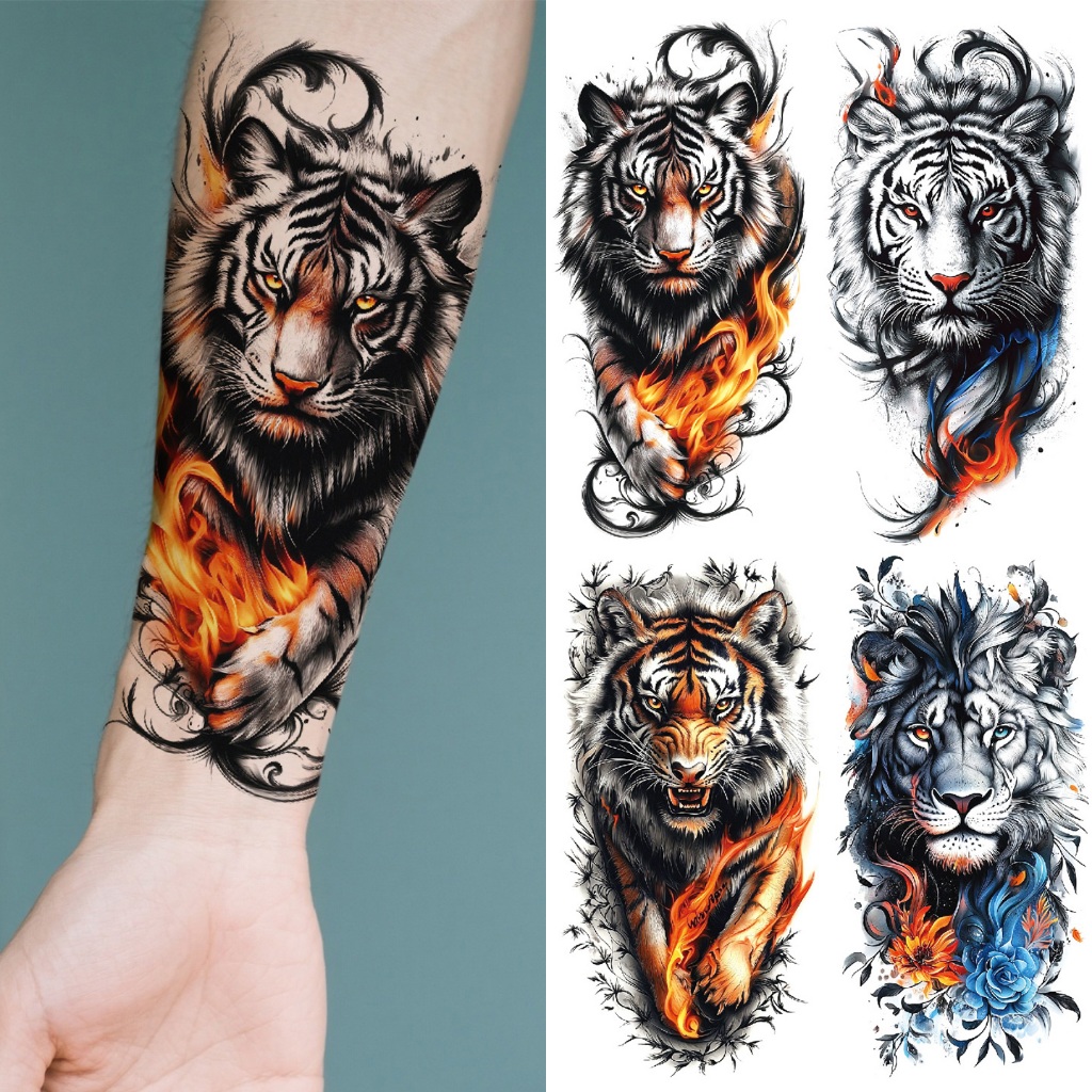 สติ๊กเกอร์ลายสักแฟชั่นใหม่ กันน้ํา ลายเสือ สิงห์ และหมาป่า สำหรับผู้ชาย ใช้งานได้ทั้งแขนและปลายแขน ชั่วคราว