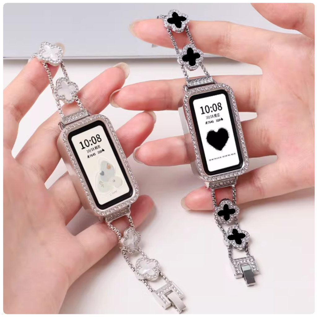 Clover Diamond Strap Case For Huawei Band 11 Pro สาย Huawei Band 11 Strap Metal Huawei Band 6 สาย Huawei Band 7 /8/9/10/11 pro/ PC Huawei Band 11 เคส Huawei Band 10 สาย Bling Huawei band 10 เคส Watchband Huawei Band 9 สาย Replacement สาย Huawei Band 8 เคส