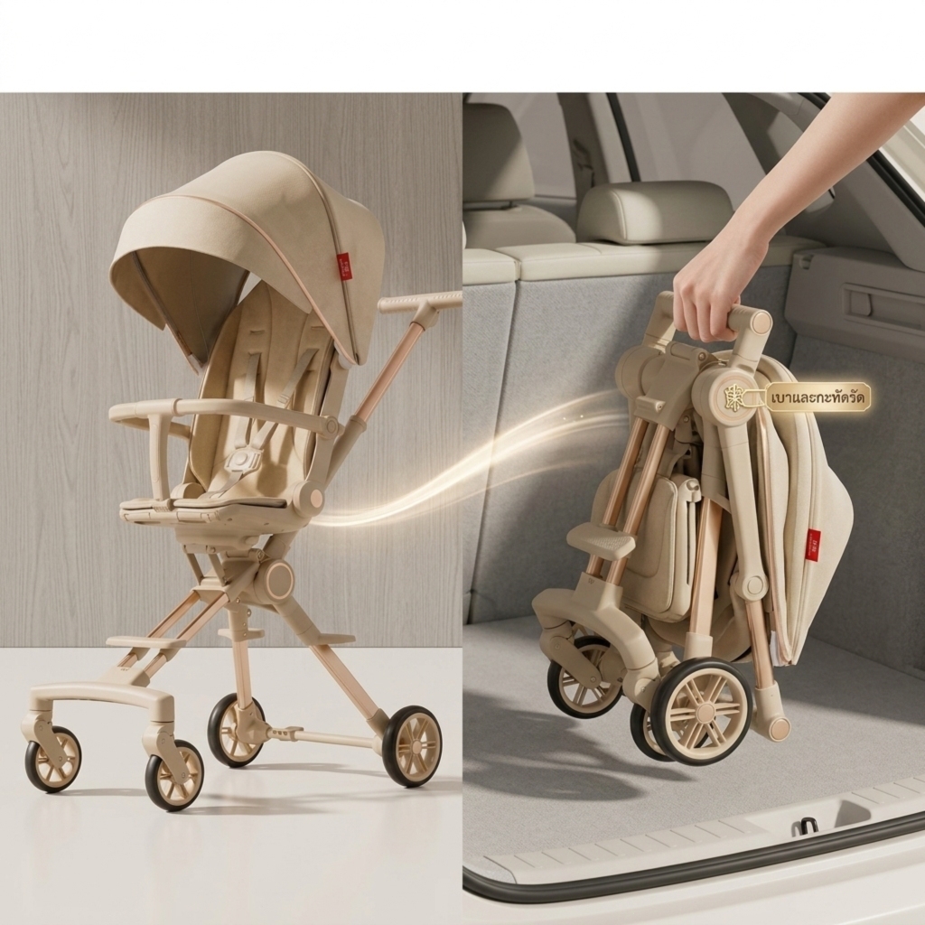 Beige รถเข็นเด็ก รถเข็นเด็กพับได้ 0-5 ปี รถเข็นเด็กพกพา รูปที่ 5