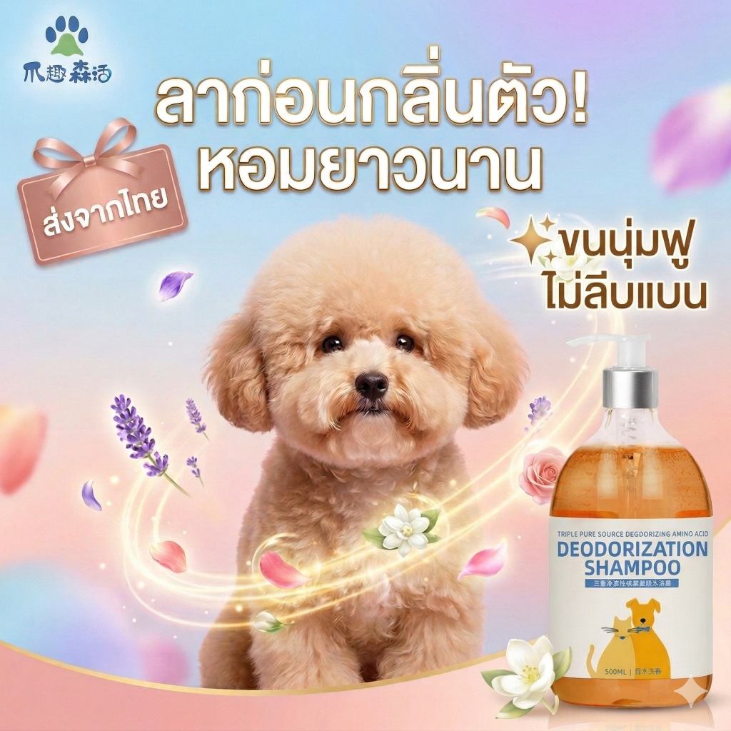 แชมพูสุนัข แมว ดับกลิ่นสาบ ลดกลิ่นตัว แก้คัน กำจัดเห็บหมัดไร หอมนาน สูตรสมุนไพร Organic ขนนุ่มฟู