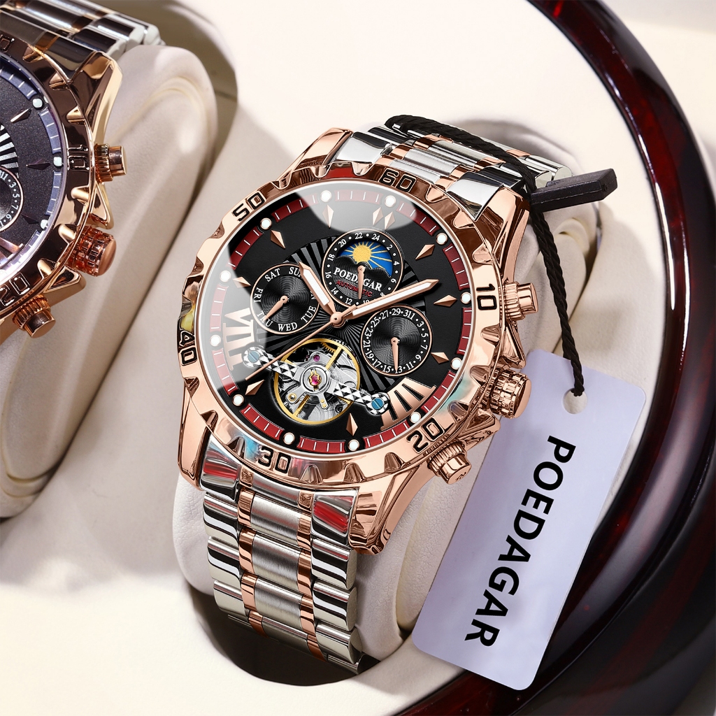 POEDAGAR หรูหราอัตโนมัตินาฬิกาผู้ชาย Hollow Tourbillon กันน้ําส่องสว่างชายนาฬิกาสัปดาห์วันที่นาฬิกาผู้ชาย
