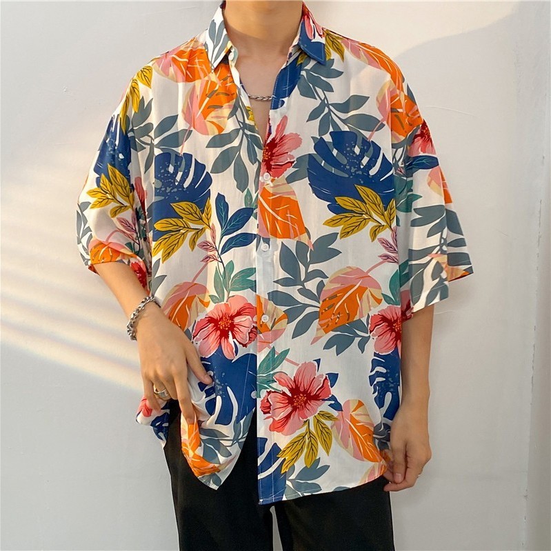 xingbright จัดส่งฟรี เสื้อเชิ้ตแฟชั่นลายดอก เสื้อฮาวาย เสื้อสงกรานต์ แขนสั้น ติดกระดุมหน้า เนื้อผ้าดีใส่สบาย ผ้าพิมพ์ลายทั้งผืน เสื้อคอปก ใส่ เสื้อเชิ้ตแขนสั้นลายดอกไม้สำหรับผู้ชาย สไตล์ฮาวาย สวมใส่ง่ายในฤดูร้อน