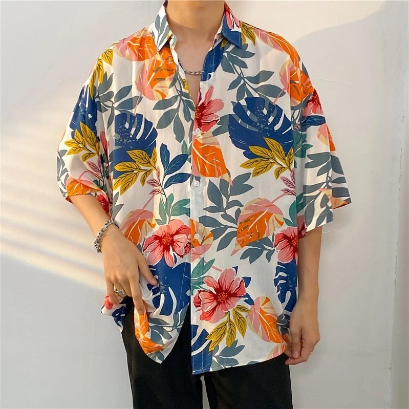 Xingbright เสื้อฮาวายแขนสั้น ลายดอกไม้ คอปก ติดกระดุม