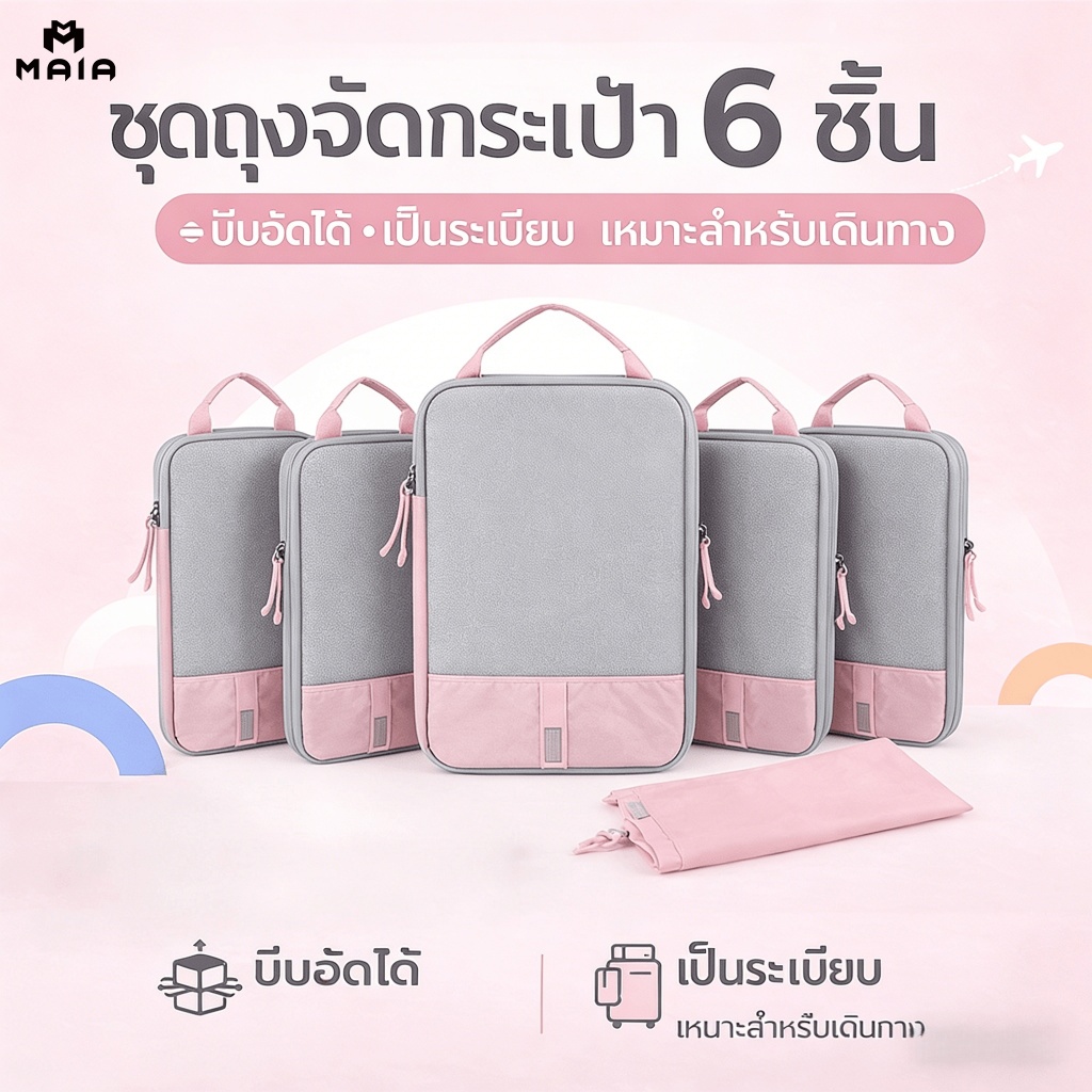 ถุงจัดกระเป๋าเดินทาง 6 ชิ้น แบบบีบอัด ประหยัดพื้นที่ สำหรับเสื้อผ้า เดินทาง