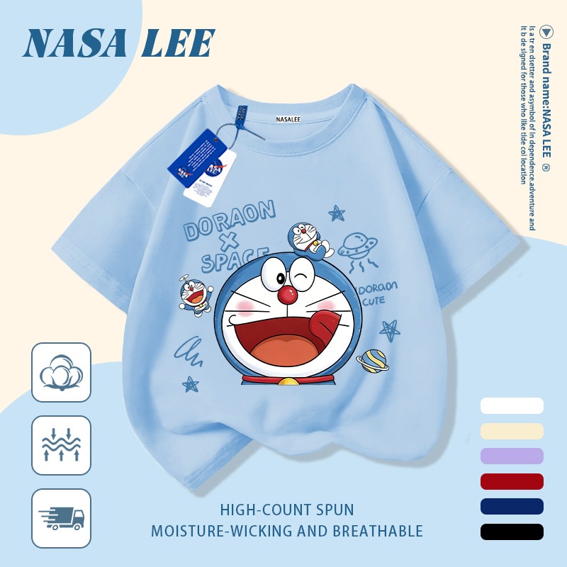 【จัดส่งวันเดียวกัน】เสื้อยืดผ้าฝ้ายเด็ก ลายโดราเอมอนสไตล์ NASA เหมาะสำหรับเด็กผู้ชายและเด็กผู้หญิง สวมใส่สบาย ระบายอากาศได้ดี