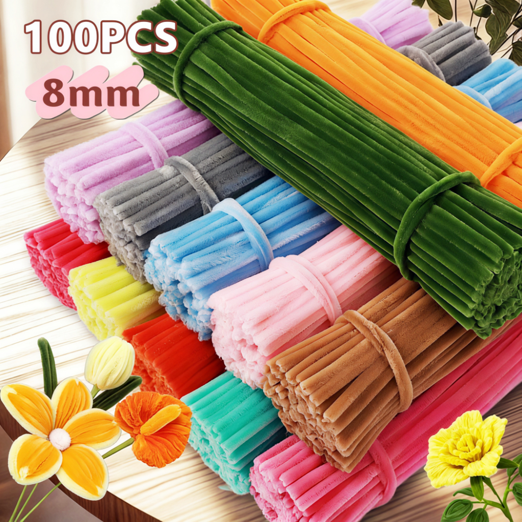ลวดกำมะหยี่ DIY 100 ชิ้น 8 มิล ลวดกํามะหยี่ขนฟู เส้นขนฟู ลวดกำมะหยี่หนาพิเศษ คละสี สีพาสเทล สีสันสดใ