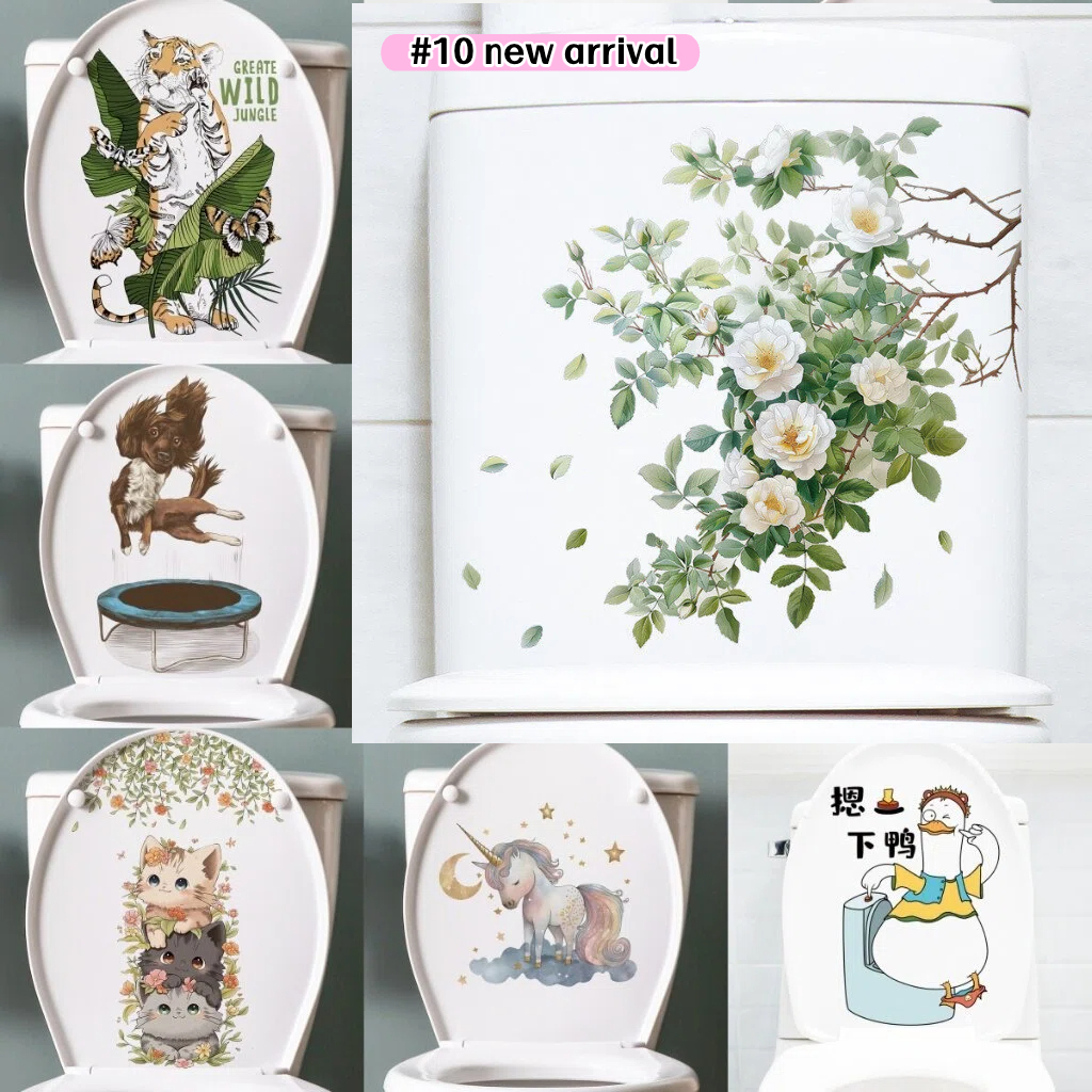 สติกเกอร์ ลายแมวน่ารัก ดอกไม้ และพืช กันน้ํา ลอกออกได้ สําหรับติดตกแต่งห้องน้ํา