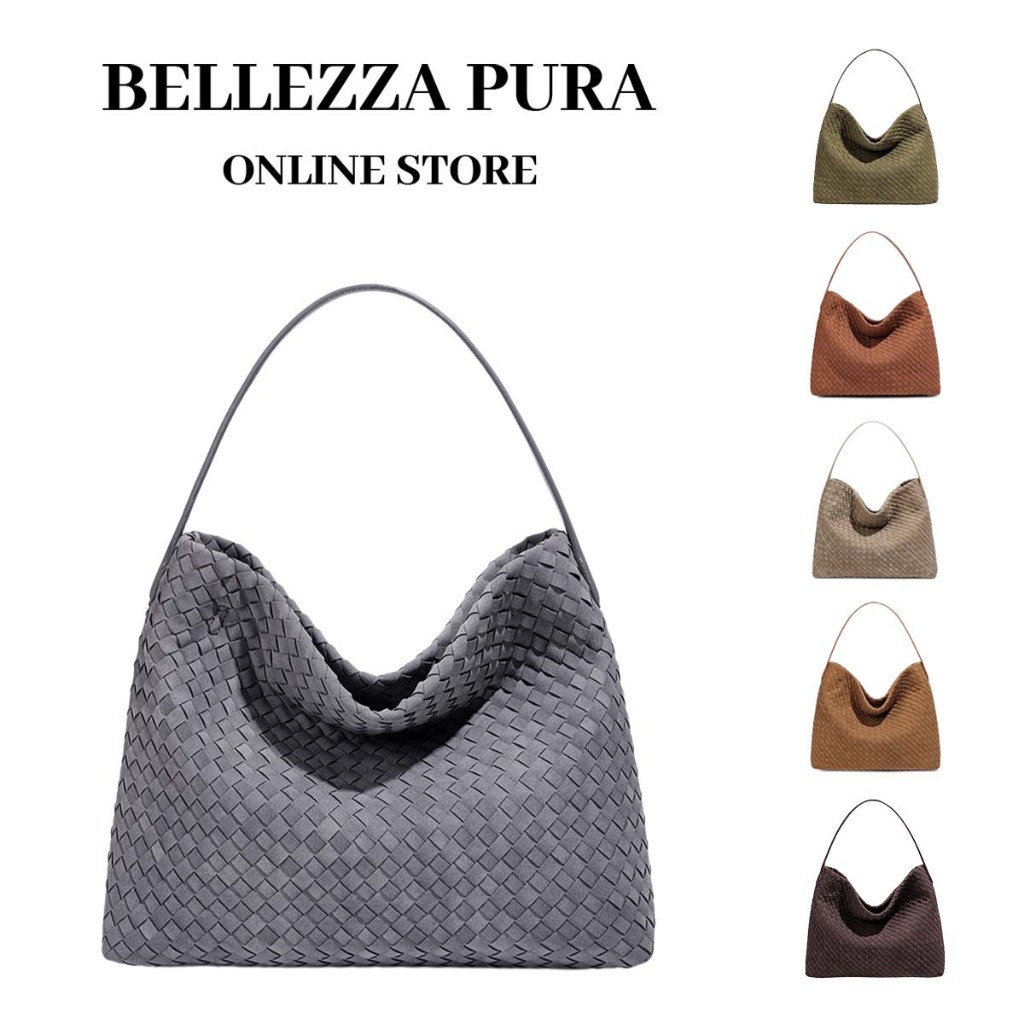 BELLEZZA PURA Woven Bag กระเป๋าโท้ททอหนังนิ่มสไตล์เกาหลี Spacious Casual Commuter Crossbody Bag Suede Shoulder Bag
