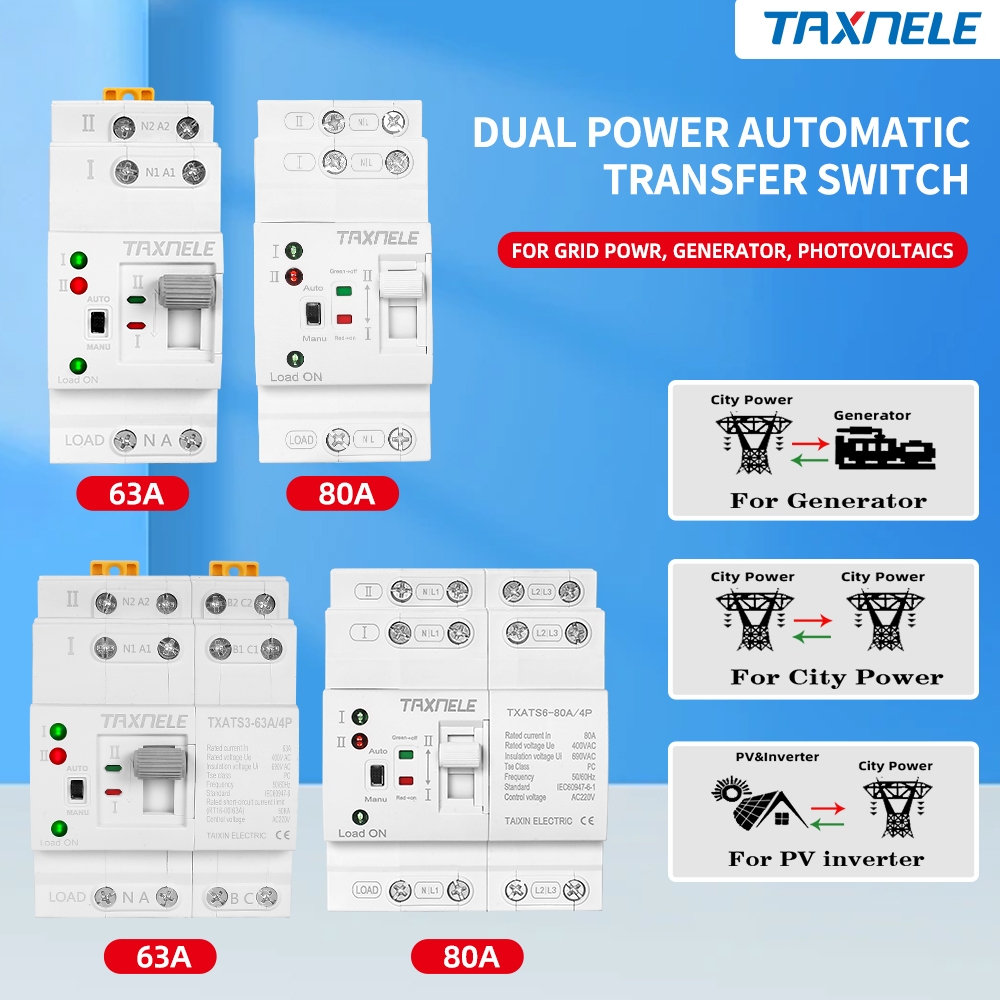 TAXNELE Din Rail 2P 4P 63A 80A ATS Dual Power Automatic Transfer Switch Selected Power