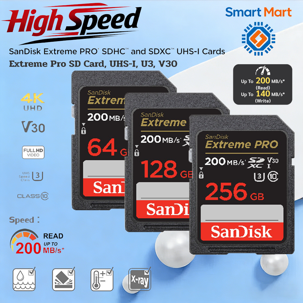 SanDisk Extreme Pro SD Card SDXC Speed Class 10 200 เมกะไบต์/วินาที 32GB 64GB 128GB (SDSDXXD) การ์ดหน่วยความจํากล้อง DSLR U3 C10 V30 4K ของแท้