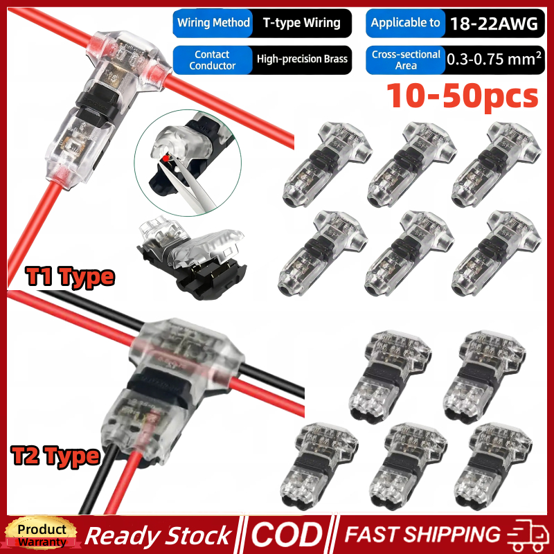 (จัดส่งภายใน 12H) 50 ชิ้น T1 T2 Quick Connect Wire Cable Connectors, T Type 2Pins Wire Splice Connec