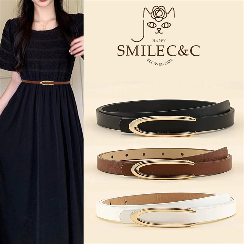SmileFairyCC【COD & พร้อมส่ง】เข็มขัดหนังบางหัววงรีหรูหรา สำหรับสาวๆ ใส่คู่กับเดรส