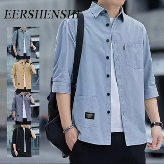 EERSHENSHI ครึ่งแขนเสื้อผู้ชายสไตล์ฮ่องกง Casual All-Matching เสื้อผ้าทํางานผ้าฝ้ายเสื้อหลวม