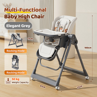 KIUMO 6 In 1 Foldable High Chair for Baby Rocking Dining Chair Function Height Angle Adjustable With Wheels Safety Belt