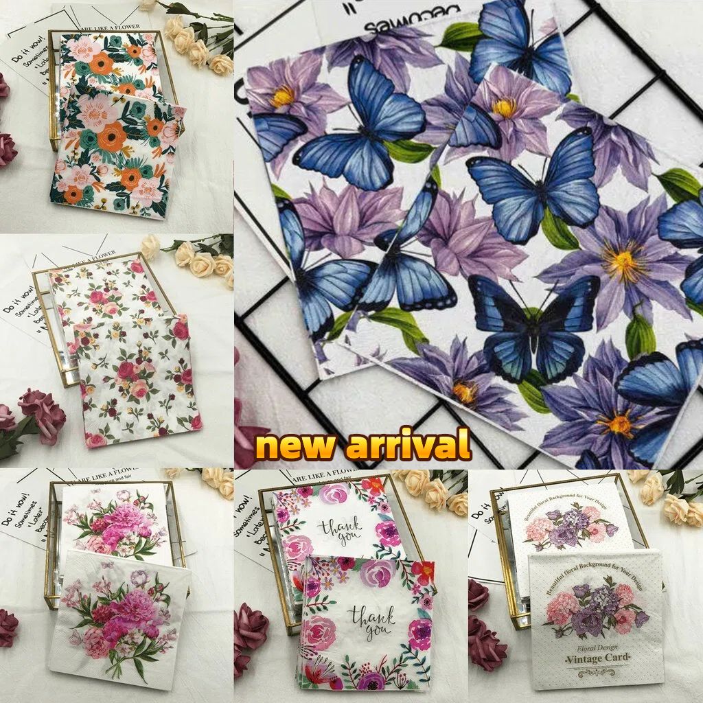 【100 สไตล์】กระดาษเช็ดปาก พิมพ์ลายดอกกุหลาบ สีม่วง สําหรับตกแต่งงานปาร์ตี้ 20 แผ่น ต่อแพ็ค