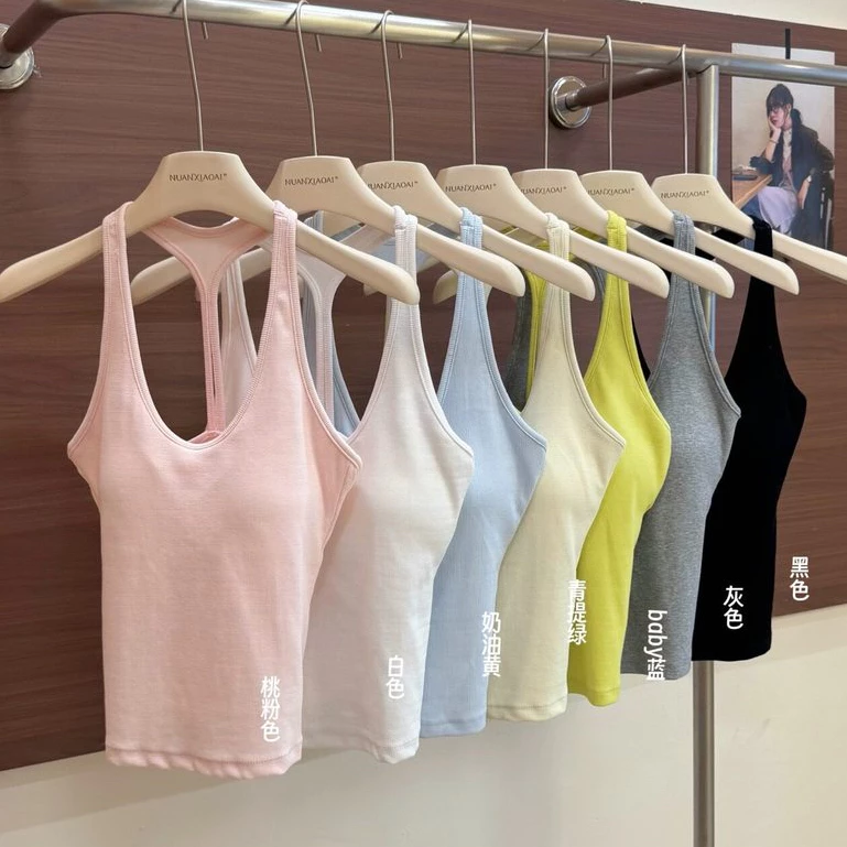 พร้อมแผ่นรองหน้าอกเสื้อกั๊กคล้องคอผู้หญิงรูปตัว I U คอสาวร้อน Slim-Fit Top