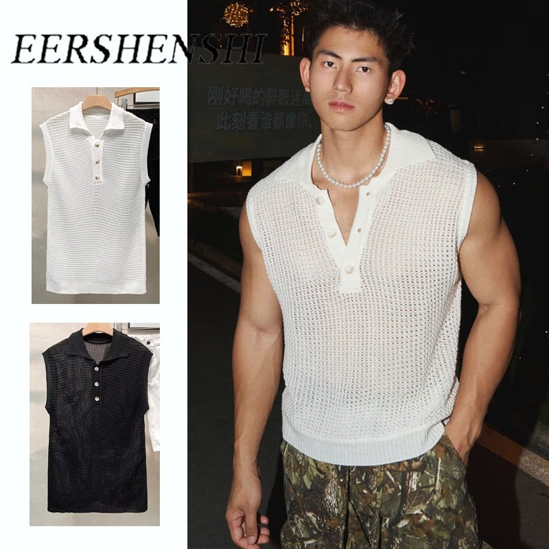 เอ๋เซนชิ เสื้อกั๊กถักแขนกุดคอปกโปโลลําลองสําหรับฤดูร้อนสําหรับผู้ชาย