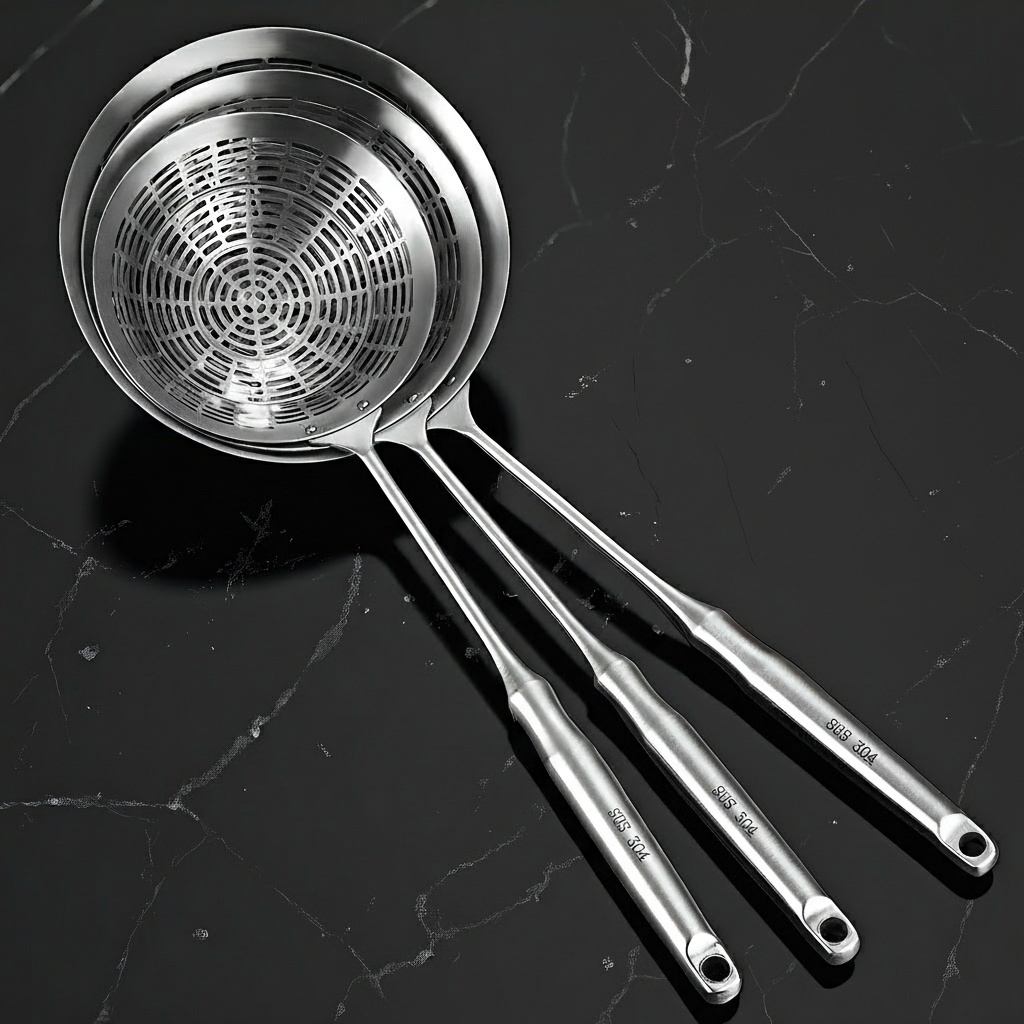 304 กระชอนสแตนเลส Slotted Laddle Leakage Scoop วัสดุหนา กระชอนขนาดใหญ่