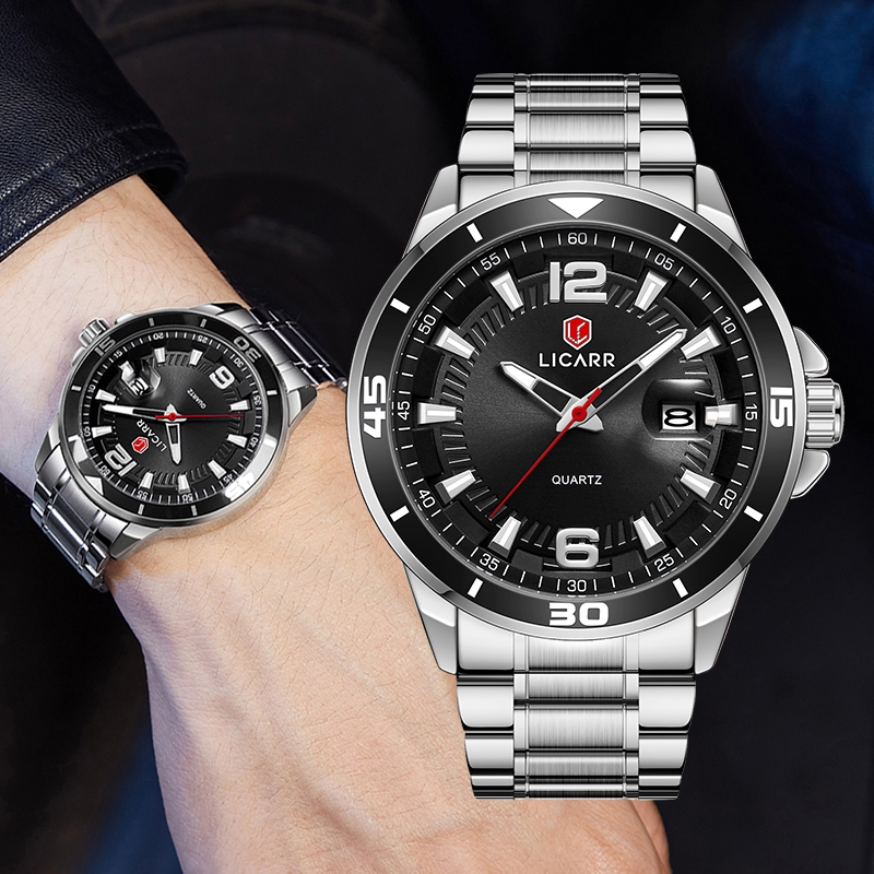 LICARR แบรนด์ชั้นนําแฟชั่นควอตซ์กันน้ําวันที่ส่องสว่างนาฬิกาผู้ชาย 9525