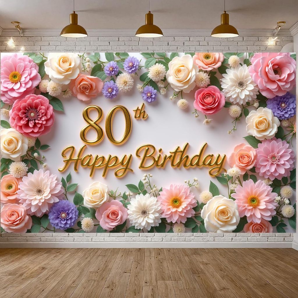 ดอกไม้ 80th Happy Birthday การถ่ายภาพฉากหลังสําหรับผู้หญิงกุหลาบสีชมพูดอกไม้ Happy 80th วันเกิดแบนเน