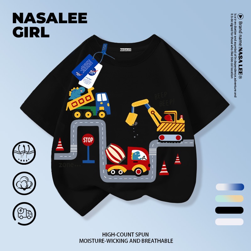 【จัดส่งจากกรุงเทพ】เสื้อยืดผ้าฝ้ายสีดำ NASA สำหรับเด็ก พร้อมลายพิมพ์รถบรรทุกหนัก เหมาะสำหรับเด็กอายุ 3-16 ปี ทั้งชายและหญิง ทรงหลวม แขนสั้น ใส่สบายสำหรับเปิดเทอม