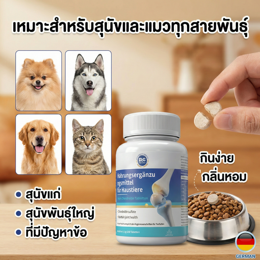[สูตรเยอรมัน] อาหารเสริมบำรุงข้อสุนัขและแมว กระดูกอ่อนปลาฉลาม ผสมขมิ้นและ MSM ลดปวด แก้ขาอ่อนแรง