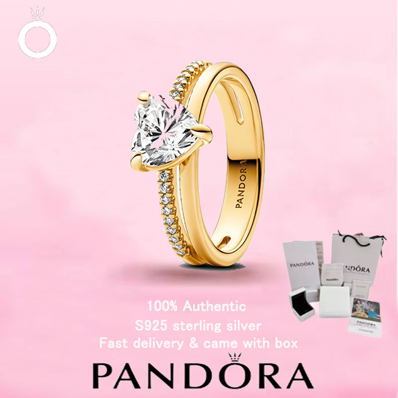 (48)แหวนหัวใจสองวง Pandora พลาทินัมเคลือบทอง ของขวัญวันวาเลนไทน์ ดีไซน์ยอดนิยม
