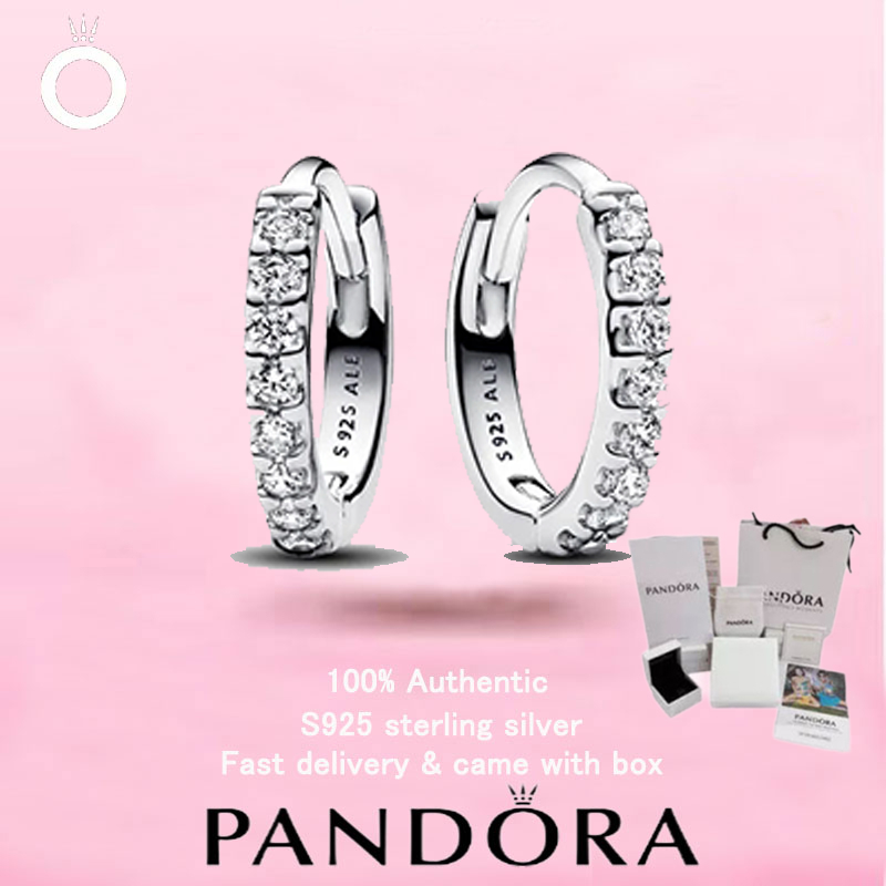ต่างหู Huggie Hoop PANDORA S925 เงินสเตอร์ลิง พร้อมประกายระยิบระยับ เพลงคัดสรรสำหรับวันวาเลนไทน์