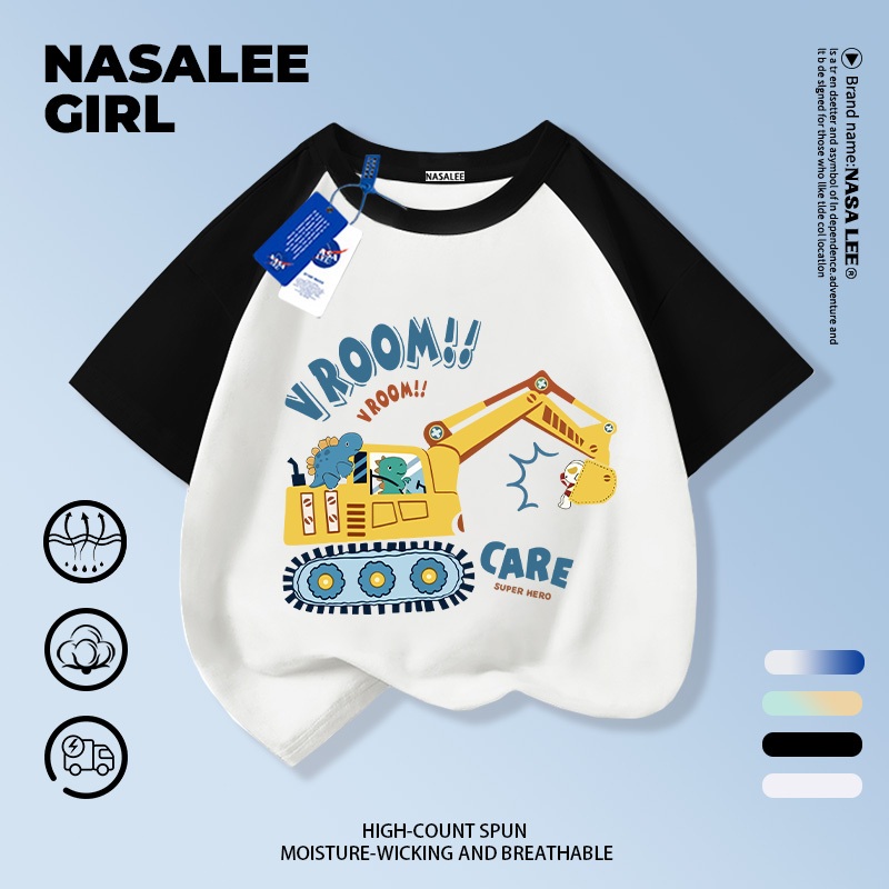 【จัดส่งในวันเดียวกัน】เสื้อยืดผ้าฝ้าย NASA สำหรับเด็ก ลายรถขุดการ์ตูน สีขาว-ดำ ทรงแร็กแลน เหมาะสำหรับเด็กอายุ 3-16 ปี ทั้งชายและหญิง ใส่สบายสำหรับเปิดเทอม ให้ความรู้สึกเย็นสบาย เหมา